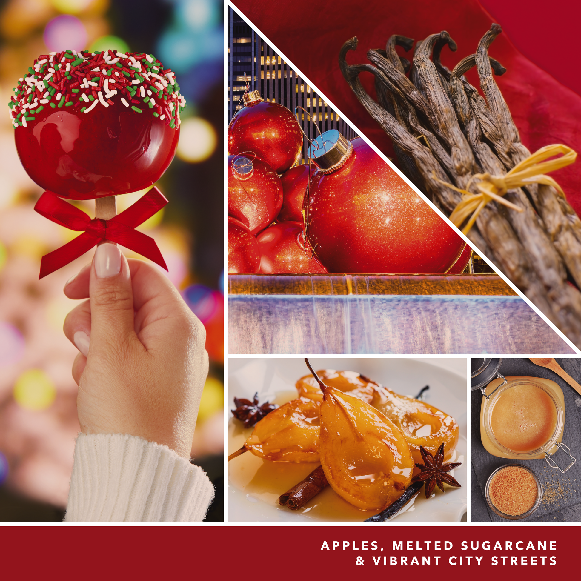 a fragrance in 2D image featuring photos of a candy apple, vanilla, red ornaments, and language reading apples, melted sugarcane, and vibrant city streets
